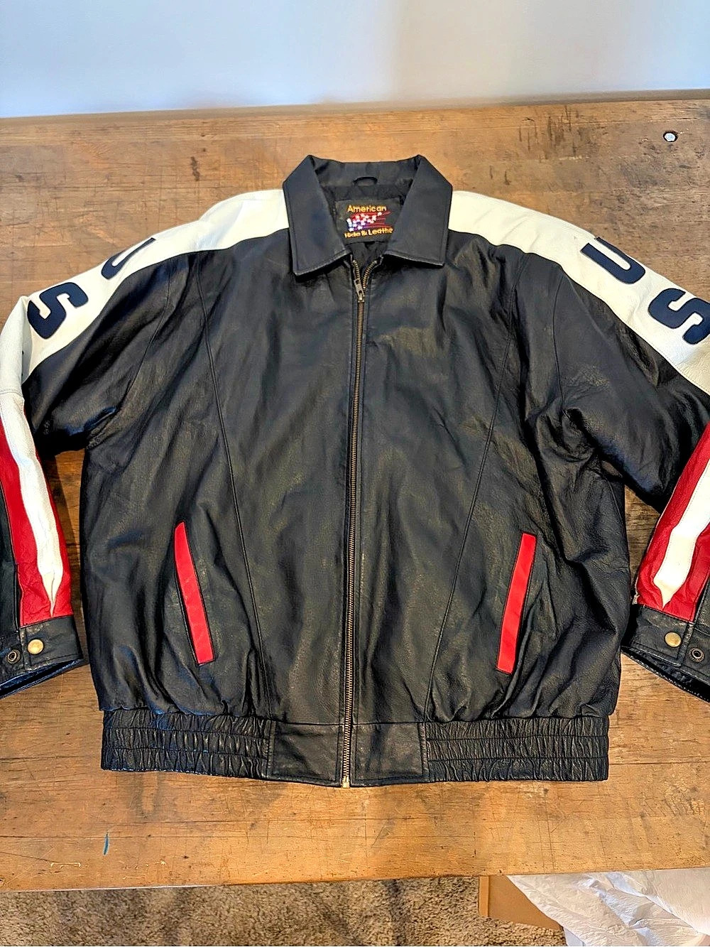 American Hide & Leather American Flag Leather Jacket Color Block Leather Jacket